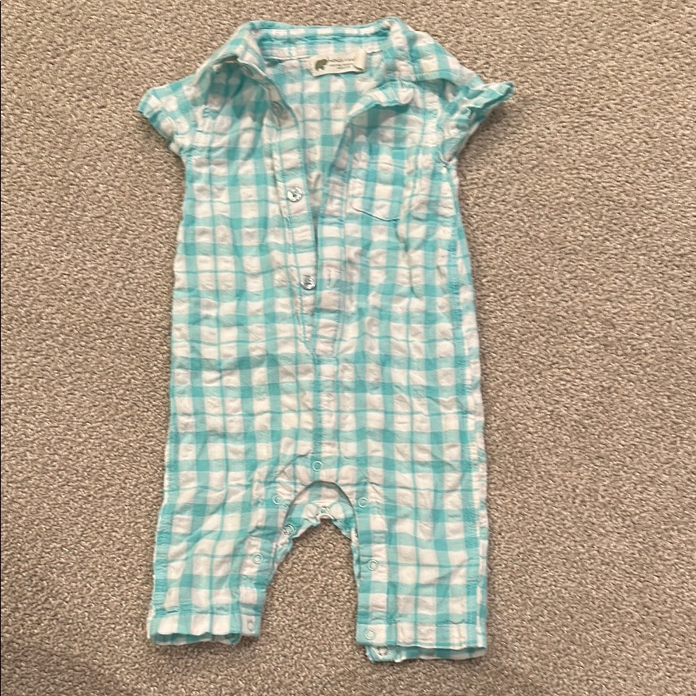Monica + Andy Turquoise and White Checkered Baby Romper